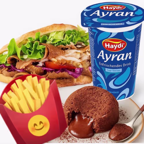 Menü - Döner mit Pommes, Ayran und Schoko-Souffle