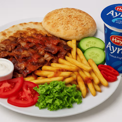 Menü-Kebab Teller mit Haus Brot, Ayran und 125ml Joghurtsoẞe