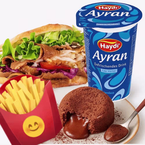Menü - Döner mit Pommes, Ayran und Schoko-Souffle