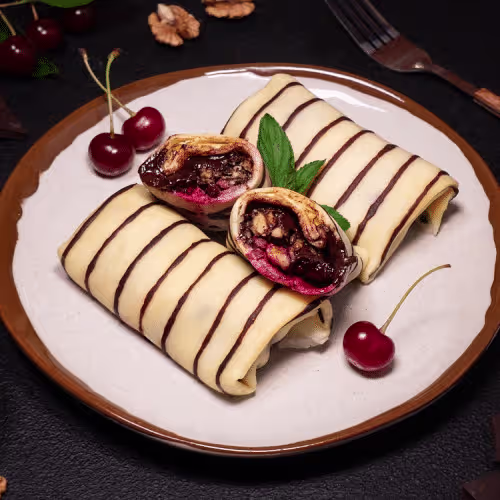 Pfannkuchen mit Kirschen und Schokolade (3 Stück)