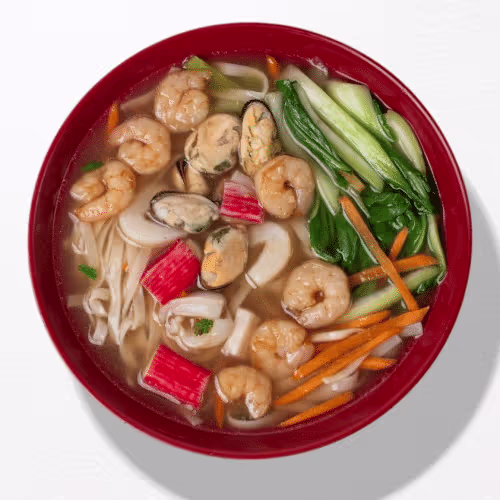 Japanische Ramen Nudelsuppe mit Meeresfrüchten