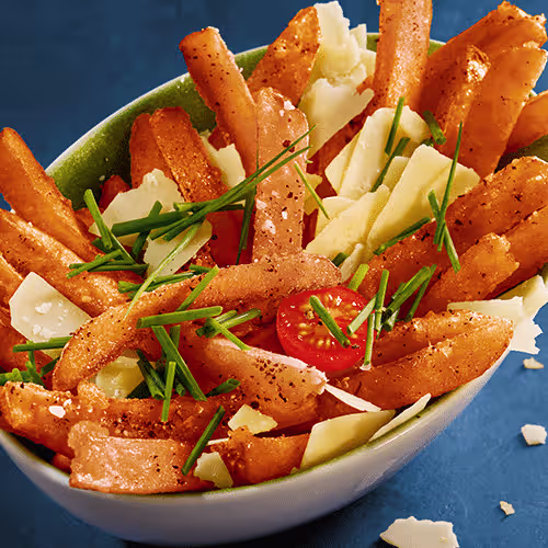 Knoblauch-Käse-Süsskartoffel-Fritten (vegetarisch)