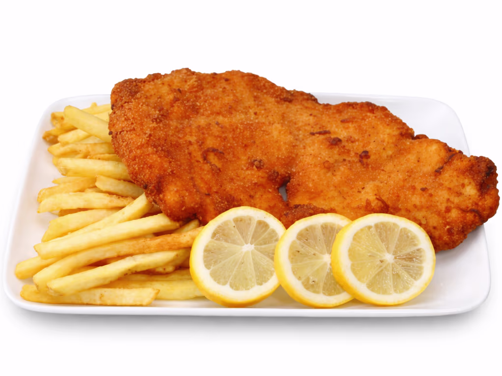 Schnitzel vom Huhn mit Pomes