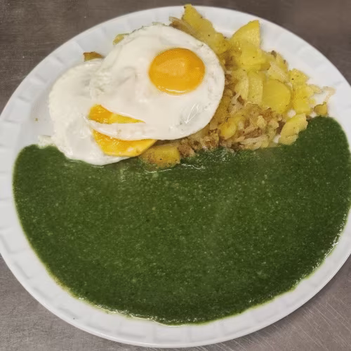 Spinat, Ròstkartoffel, 2 Spiegeleier
