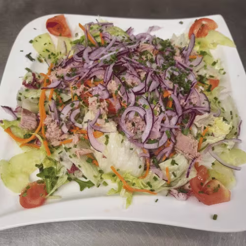 Salat mit Thunfisch, gemischten Salat und Zwiebeln