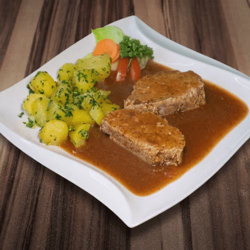 Faschierter braten mit Petersilienkaroffel,gem.Salat,Eistee 0,5l