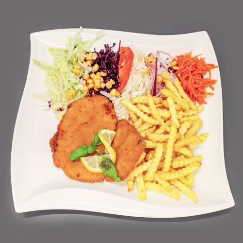 Hähnchenschnitzel mit einer Beilage nach Wahl