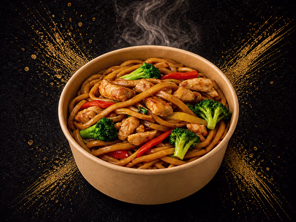 Hühnerfleisch mit Gemüse Udon Nudeln