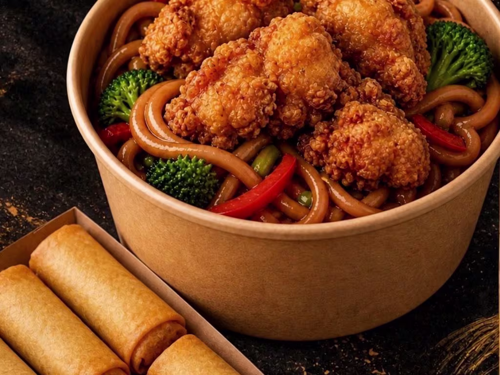 Knuspriges Hähnchen Gemüse-Udon Menü