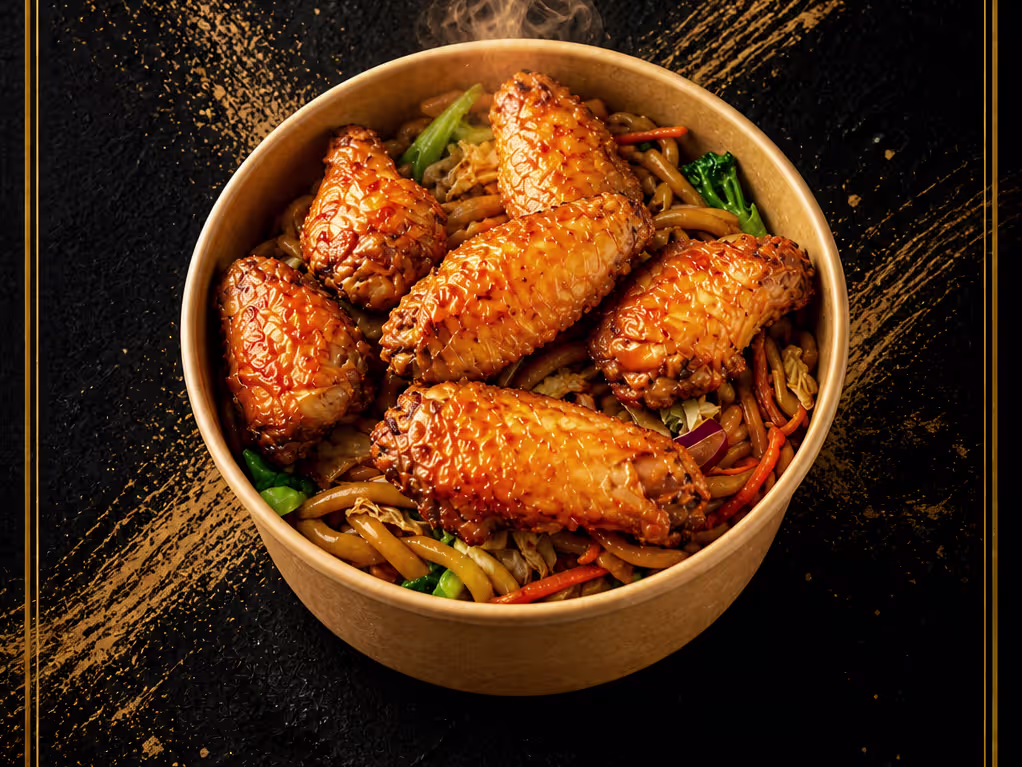 Chickenwings Gemüse Udon Nudel