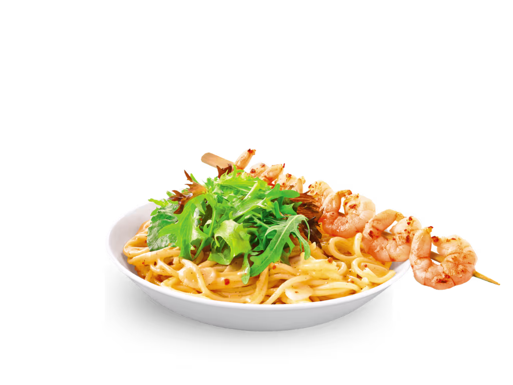 Spaghetti aglio e olio mit Garnelenspieß