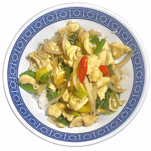 Reisschale Chili-Huhn und Thai-Basilikum (scharf)