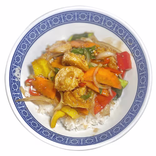Reisschale Chili-Garnelen und Thai-Basilikum (scharf)