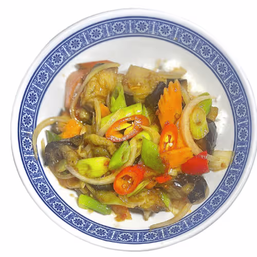 Reisschale Chili-Melanzani und Gemüse (scharf, vegan)